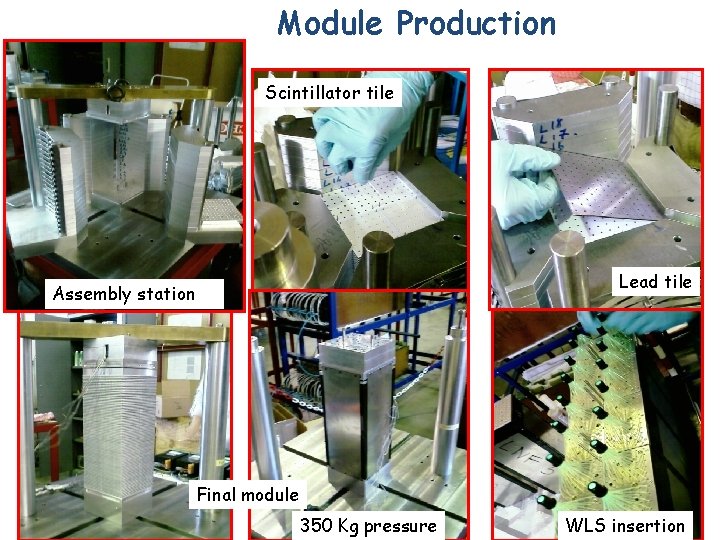 Module Production Scintillator tile Lead tile Assembly station Final module 350 Kg pressure WLS