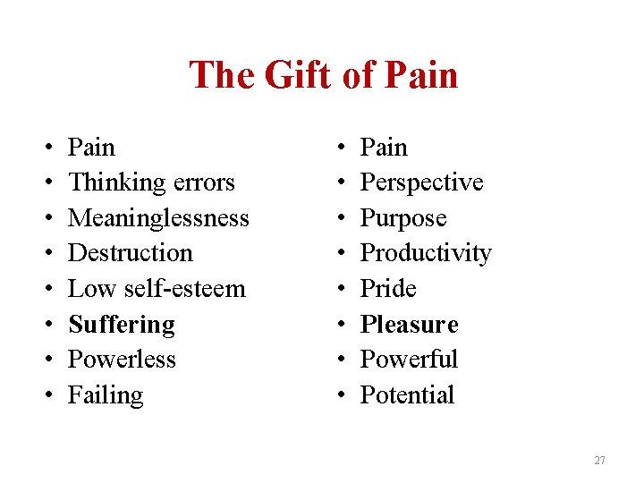 The Gift of Pain • • Pain Thinking errors Meaninglessness Destruction Low self-esteem Suffering