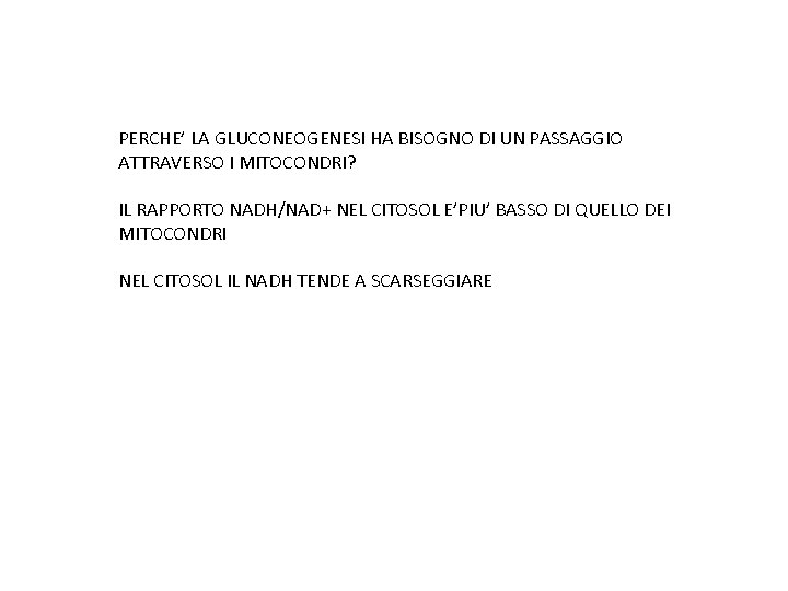 PERCHE’ LA GLUCONEOGENESI HA BISOGNO DI UN PASSAGGIO ATTRAVERSO I MITOCONDRI? IL RAPPORTO NADH/NAD+