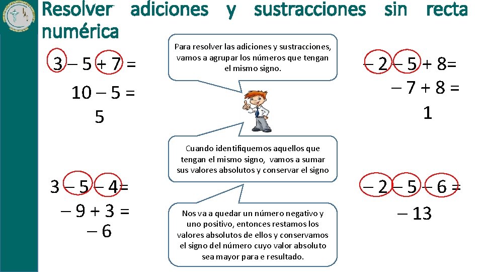 Resolver adiciones y sustracciones sin recta numérica 3– 5+7= 10 – 5 = 5