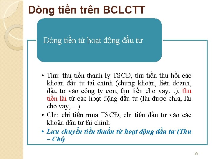 Dòng tiền trên BCLCTT Dòng tiền từ hoạt động đầu tư • Thu: thu