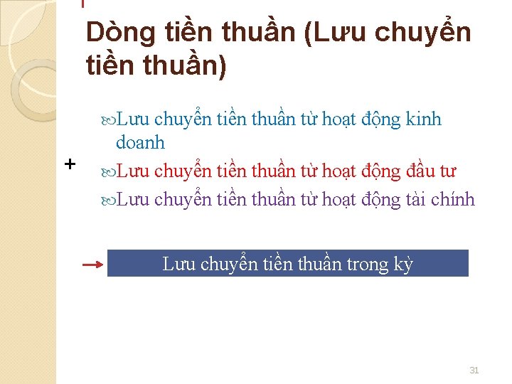 Dòng tiền thuần (Lưu chuyển tiền thuần) Lưu + chuyển tiền thuần từ hoạt