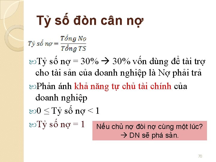 Tỷ số đòn cân nợ số nợ = 30% vốn dùng để tài trợ