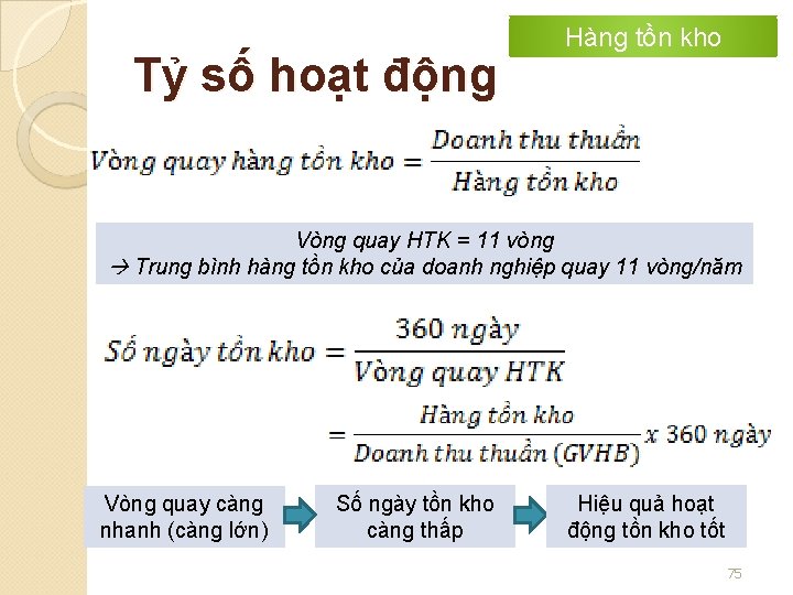 Tỷ số hoạt động Hàng tồn kho Vòng quay HTK = 11 vòng Trung