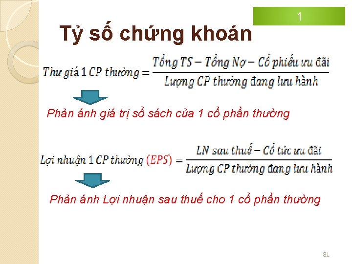 Tỷ số chứng khoán 1 Phản ánh giá trị sổ sách của 1 cổ