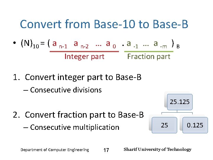 Number Systems – Lecture 2 Convert from Base-10 to Base-B • (N)10 = (