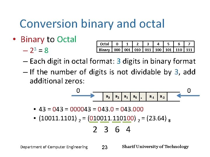 Number Systems – Lecture 2 Conversion binary and octal • Binary to Octal Binary