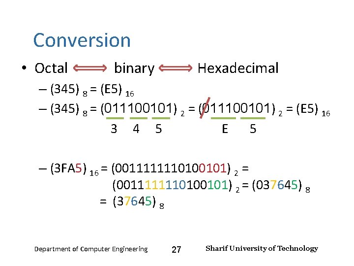 Number Systems – Lecture 2 Conversion • Octal binary Hexadecimal – (345) 8 =