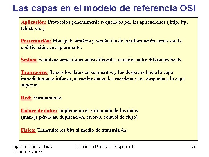 Las capas en el modelo de referencia OSI Aplicación: Protocolos generalmente requeridos por las