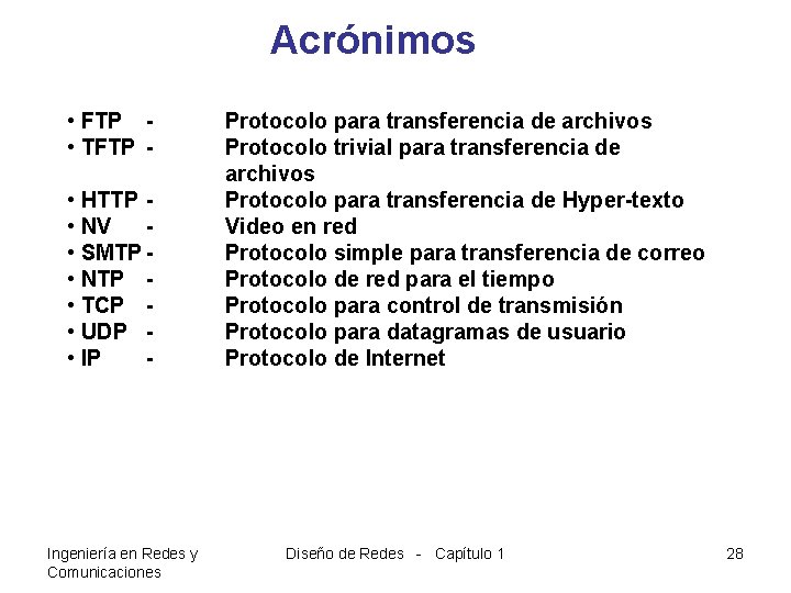Acrónimos • FTP • TFTP • HTTP • NV • SMTP • NTP •