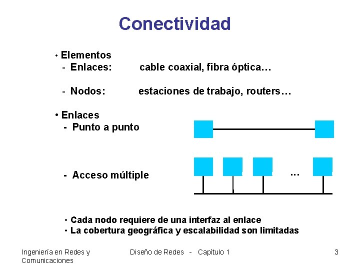 Conectividad • Elementos - Enlaces: - Nodos: cable coaxial, fibra óptica… estaciones de trabajo,