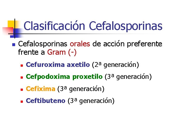 Clasificación Cefalosporinas orales de acción preferente frente a Gram (-) n Cefuroxima axetilo (2ª Clasificación Cefalosporinas orales de acción preferente frente a Gram (-) n Cefuroxima axetilo (2ª