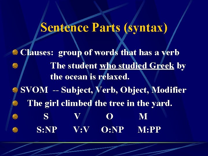 Sentence Parts (syntax) Clauses: group of words that has a verb The student who