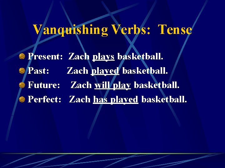 Vanquishing Verbs: Tense Present: Past: Future: Perfect: Zach plays basketball. Zach played basketball. Zach