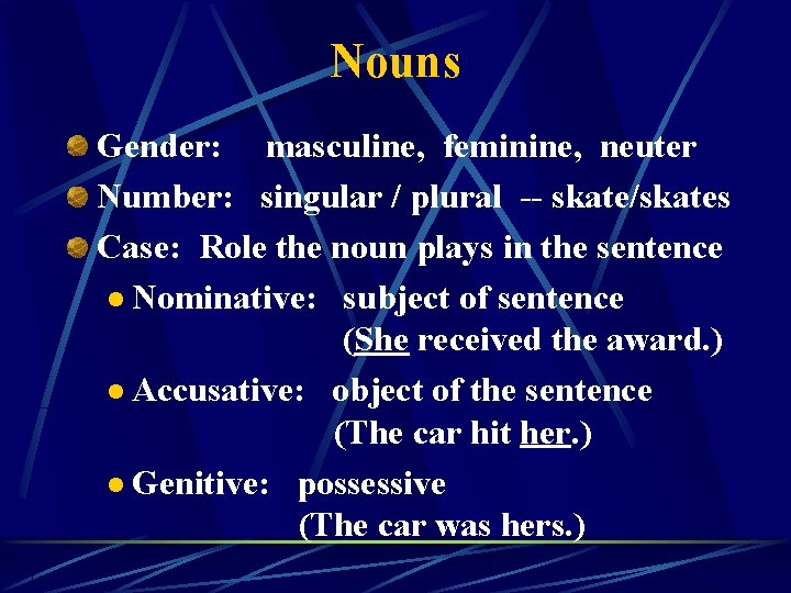 Nouns Gender: masculine, feminine, neuter Number: singular / plural -- skate/skates Case: Role the
