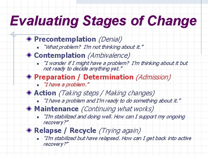 Evaluating Stages of Change Precontemplation (Denial) n “What problem? I’m not thinking about it.