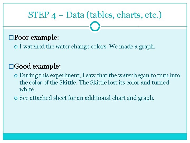 STEP 4 – Data (tables, charts, etc. ) �Poor example: I watched the water
