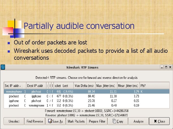 Partially audible conversation Out of order packets are lost Wireshark uses decoded packets to