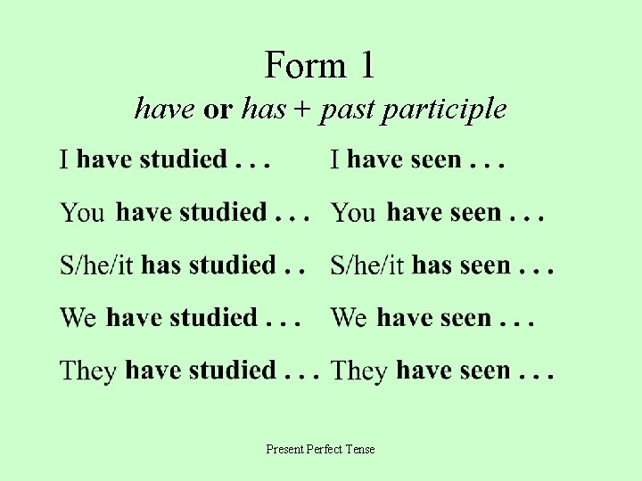 Form 1 have or has + past participle Present Perfect Tense 