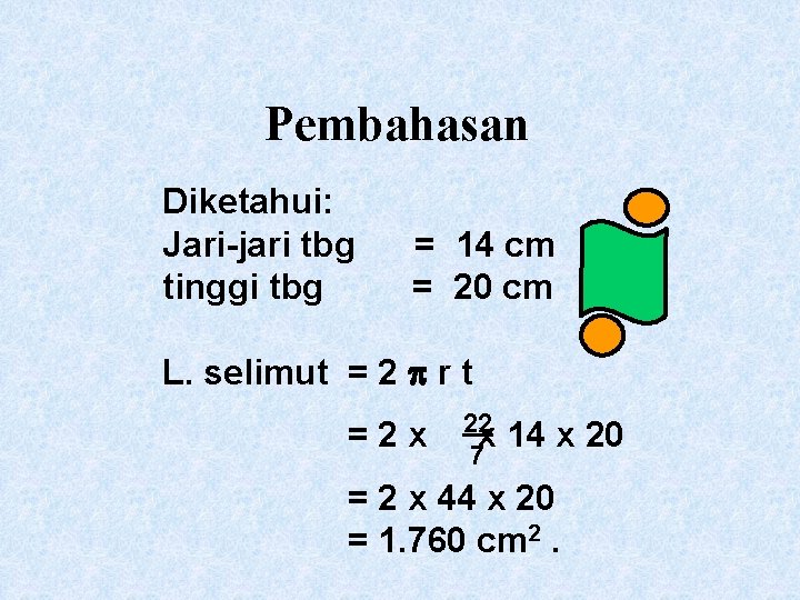 Pembahasan Diketahui: Jari-jari tbg tinggi tbg = 14 cm = 20 cm L. selimut