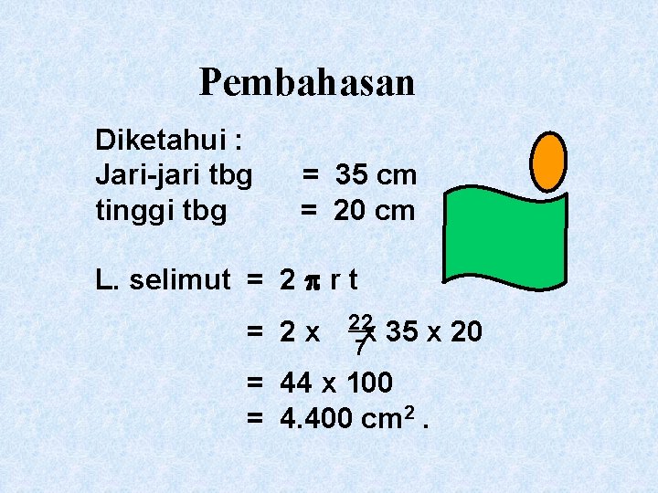 Pembahasan Diketahui : Jari-jari tbg tinggi tbg = 35 cm = 20 cm L.