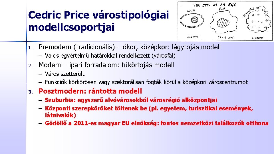 Cedric Price várostipológiai modellcsoportjai 1. Premodern (tradicionális) – ókor, középkor: lágytojás modell – Város