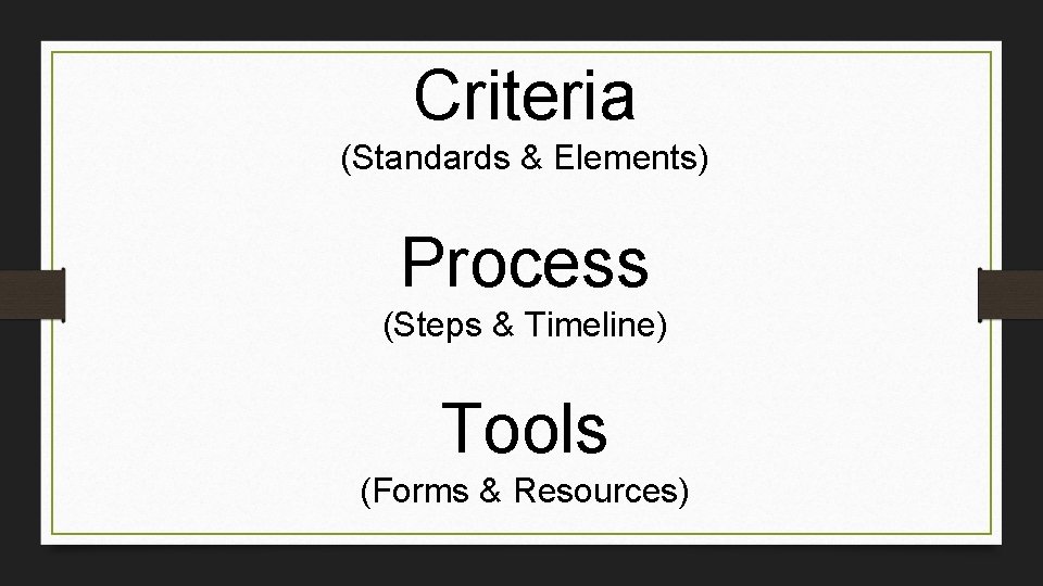 Criteria (Standards & Elements) Process (Steps & Timeline) Tools (Forms & Resources) 