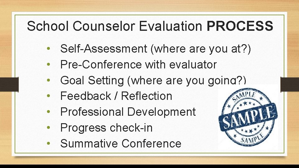 School Counselor Evaluation PROCESS • • Self-Assessment (where are you at? ) Pre-Conference with