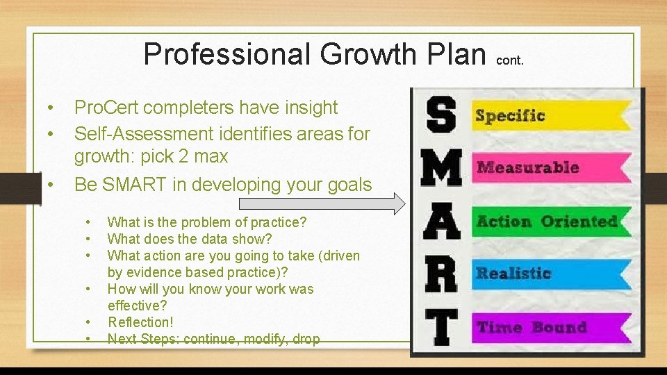 Professional Growth Plan cont. • • Pro. Cert completers have insight Self-Assessment identifies areas