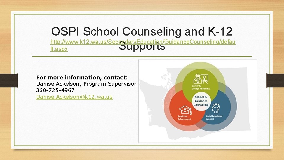 OSPI School Counseling and K-12 http: //www. k 12. wa. us/Secondary. Education/Guidance. Counseling/defau Supports