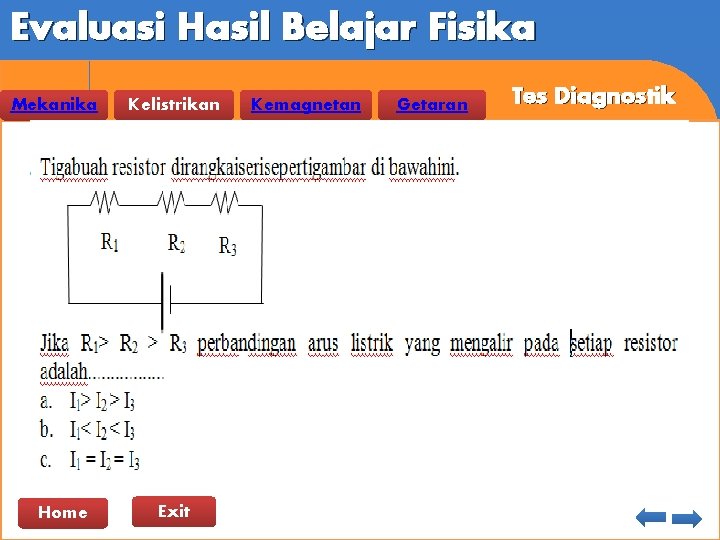 Evaluasi Hasil Belajar Fisika Mekanika Home Kelistrikan Exit Kemagnetan Getaran Tes Diagnostik 