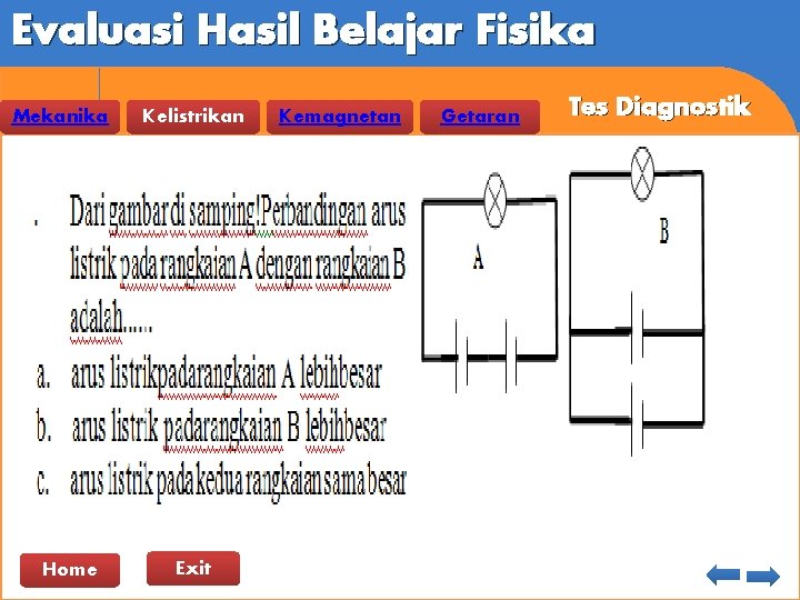 Evaluasi Hasil Belajar Fisika Mekanika Home Kelistrikan Exit Kemagnetan Getaran Tes Diagnostik 