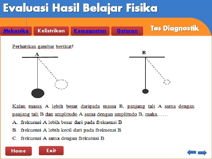 Evaluasi Hasil Belajar Fisika Mekanika Home Kelistrikan Exit Kemagnetan Getaran Tes Diagnostik 