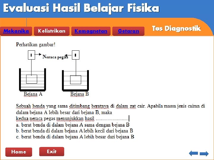 Evaluasi Hasil Belajar Fisika Mekanika Home Kelistrikan Exit Kemagnetan Getaran Tes Diagnostik 