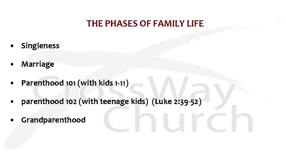 THE PHASES OF FAMILY LIFE • Singleness • Marriage • Parenthood 101 (with kids