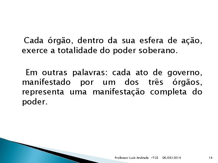 Cada órgão, dentro da sua esfera de ação, exerce a totalidade do poder soberano.