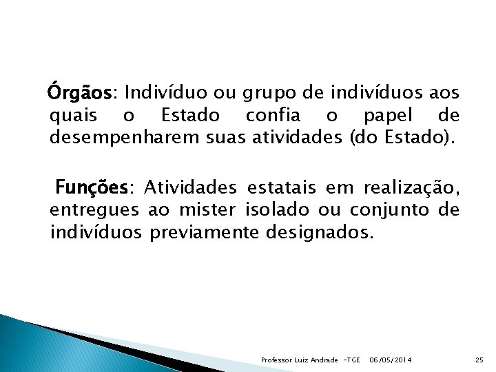 Órgãos: Indivíduo ou grupo de indivíduos aos quais o Estado confia o papel de