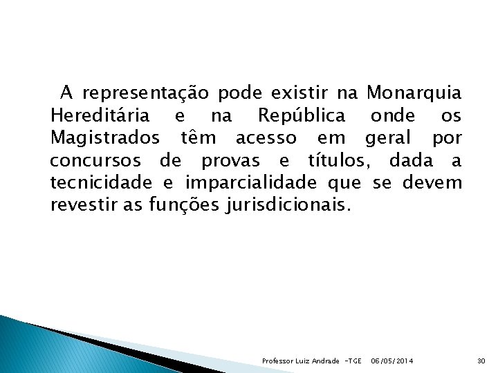 A representação pode existir na Monarquia Hereditária e na República onde os Magistrados têm