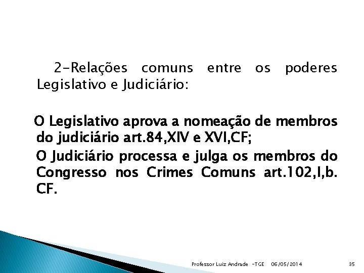 2 -Relações comuns Legislativo e Judiciário: entre os poderes O Legislativo aprova a nomeação