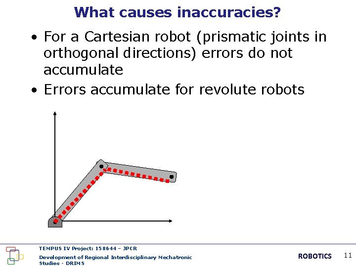 What causes inaccuracies? • For a Cartesian robot (prismatic joints in orthogonal directions) errors