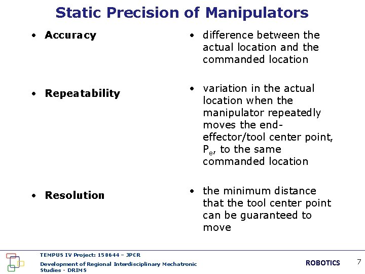 Static Precision of Manipulators • Accuracy • difference between the actual location and the