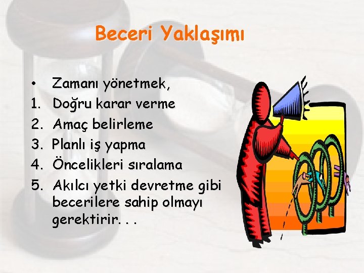 Beceri Yaklaşımı • 1. 2. 3. 4. 5. Zamanı yönetmek, Doğru karar verme Amaç