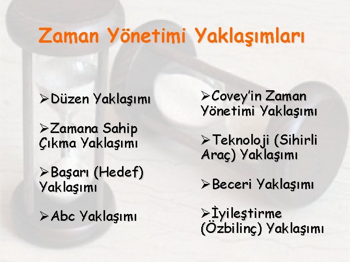 Zaman Yönetimi Yaklaşımları ØDüzen Yaklaşımı ØZamana Sahip Çıkma Yaklaşımı ØBaşarı (Hedef) Yaklaşımı ØAbc Yaklaşımı