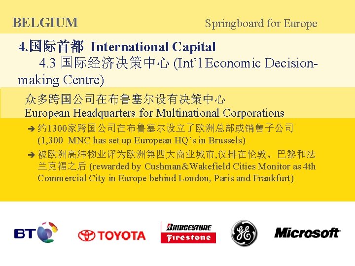 BELGIUM Springboard for Europe 4. 国际首都 International Capital 4. 3 国际经济决策中心 (Int’l Economic Decisionmaking