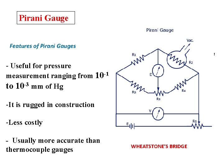 Pirani Gauge Features of Pirani Gauges - Useful for pressure measurement ranging from 10