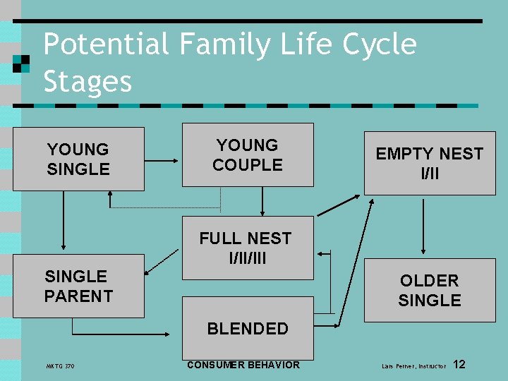 Potential Family Life Cycle Stages YOUNG SINGLE PARENT YOUNG COUPLE EMPTY NEST I/II FULL