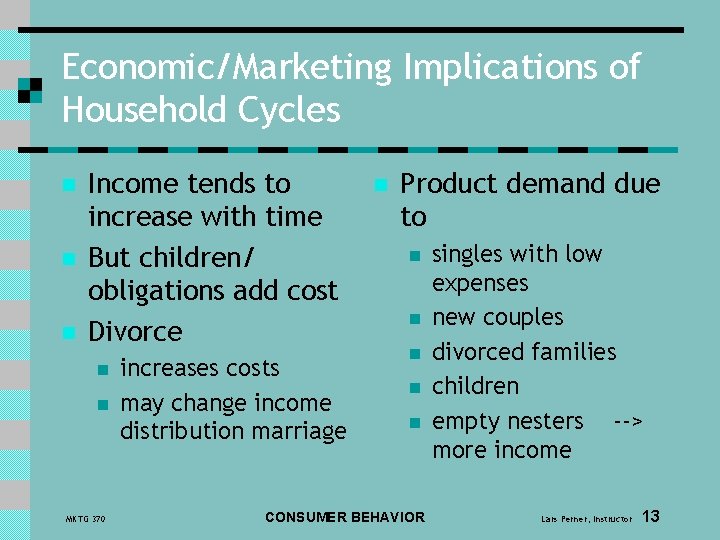 Economic/Marketing Implications of Household Cycles n n n Income tends to increase with time