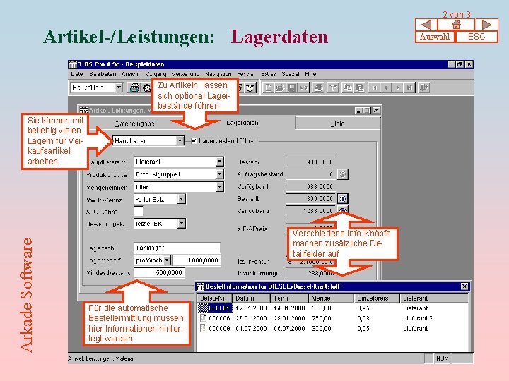 2 von 3 Artikel-/Leistungen: Lagerdaten Zu Artikeln lassen sich optional Lagerbestände führen Arkade Software