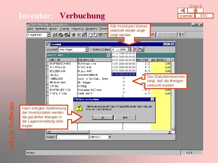 3 von 3 Inventur: Verbuchung Auswahl Alte Inventuren können jederzeit wieder angezeigt werden Arkade