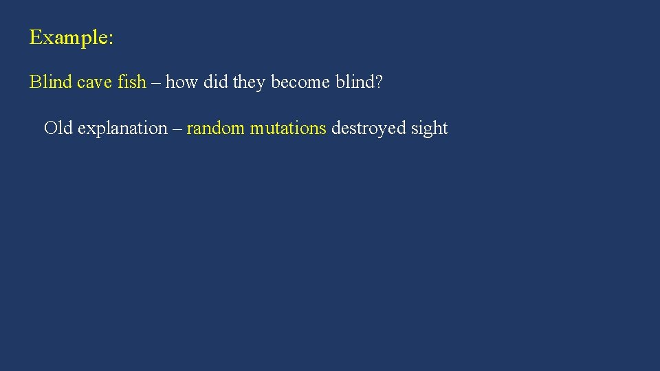 Example: Blind cave fish – how did they become blind? Old explanation – random